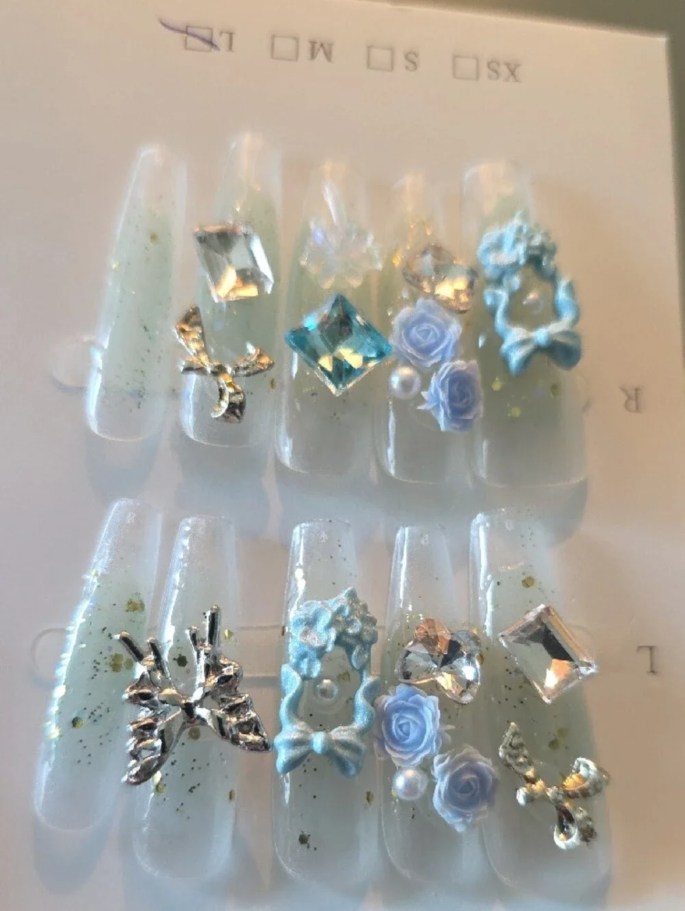 Blue Floral Bow Press-On Nail Set Size Large